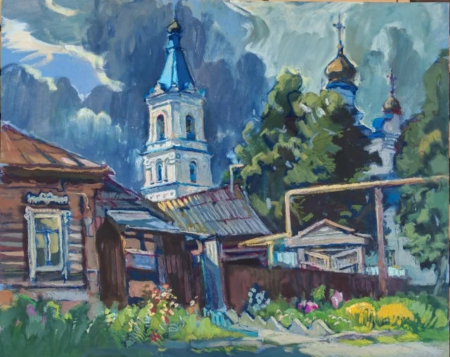 "Белев. Улица Митрополита Евлогия", оргалит/темпера, масляная пастель, 61х75 см, 2025