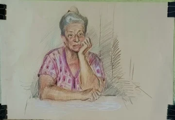 зарисовка "Мама на кухне", бум/цвтн. карандаши, 42х60см, 2023