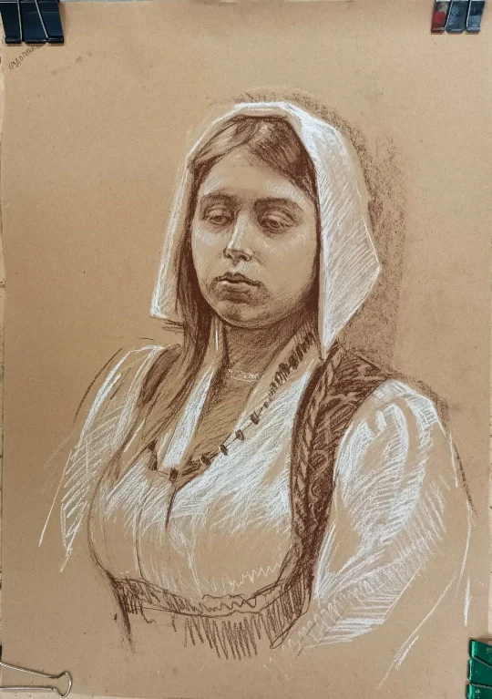 "Даша", крафт-бум/мел,сепия, 60х40 см, 2024 г.