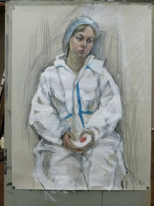 Усталый ангел (Катя Слесарева в ковидном костюме), бум/цветн.карандаши, белила, 60х46см, 2021 г.
