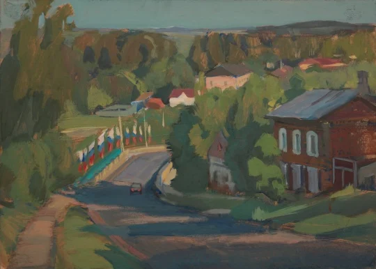 "Белев-городок. Выезд из города. Вечер", оргалит/темпера, 40х60 см, 2023