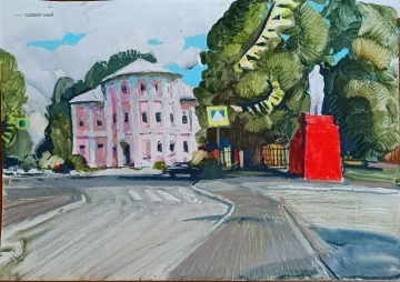 "...И Ленин с нами. Площадь Победы в Одоеве", мелов. картон/аква, масл. пастель, 35х50см,
