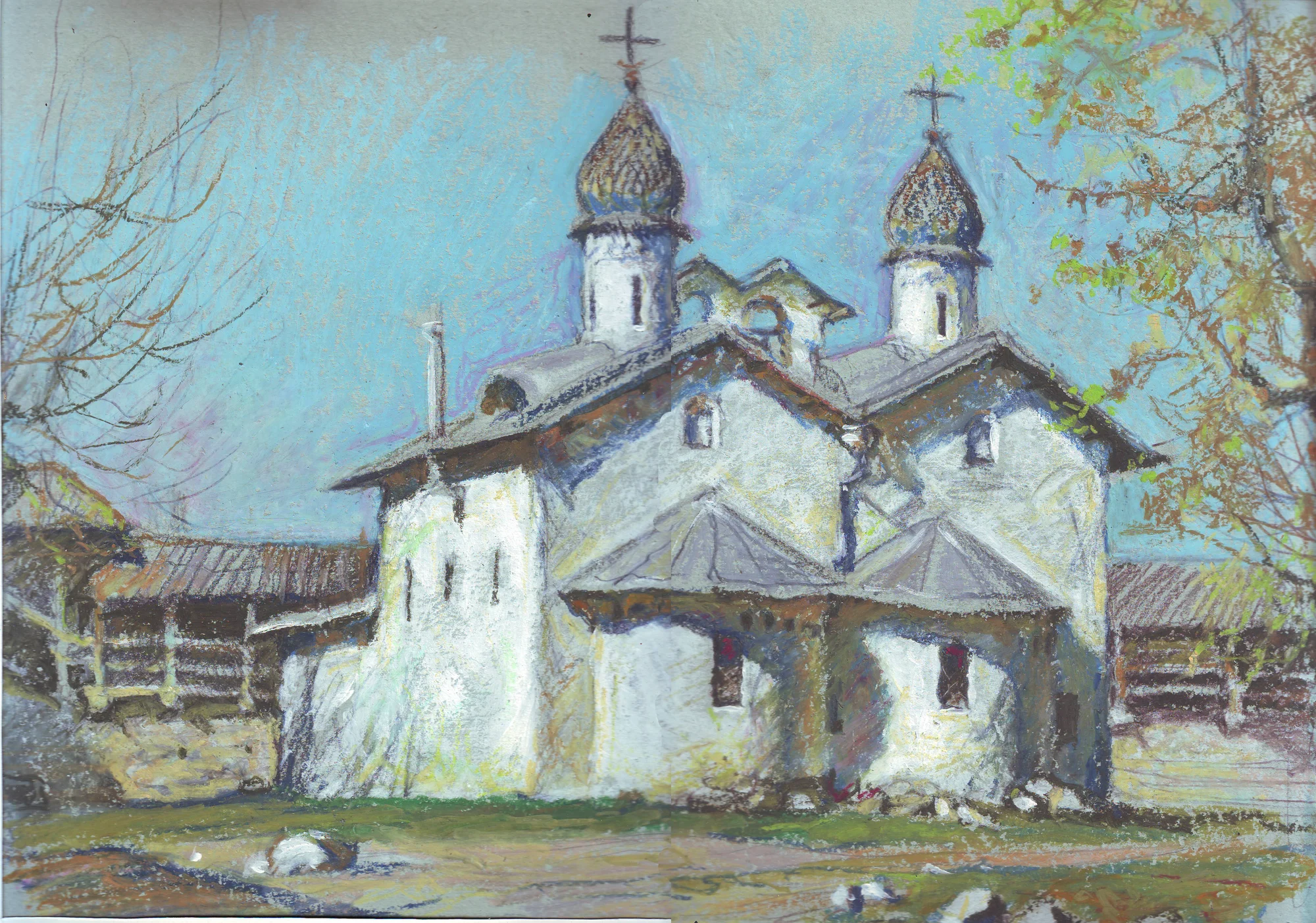 Псковская весна  бум/белила,акв.кар.,пастель, 30х42