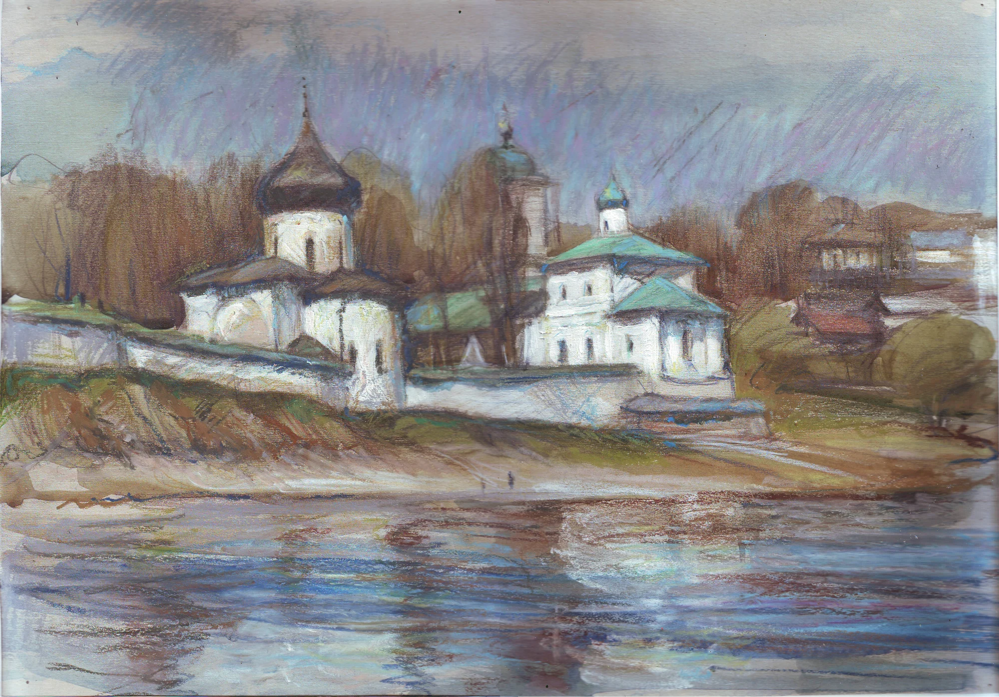 Псков. Мирожский монастырь в полдень  картон/белила, акварель, акв. карандаши, 30х42