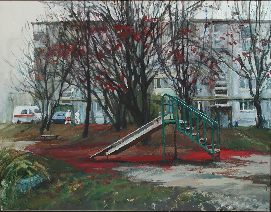 "Рябина и слон", оргалит/темпера, 83х95см, 2021 г.