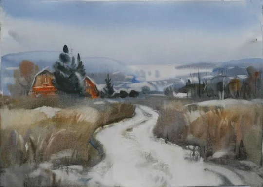 "Дачи. Снег лег", бум/акв., 42х59 см, 2022г.