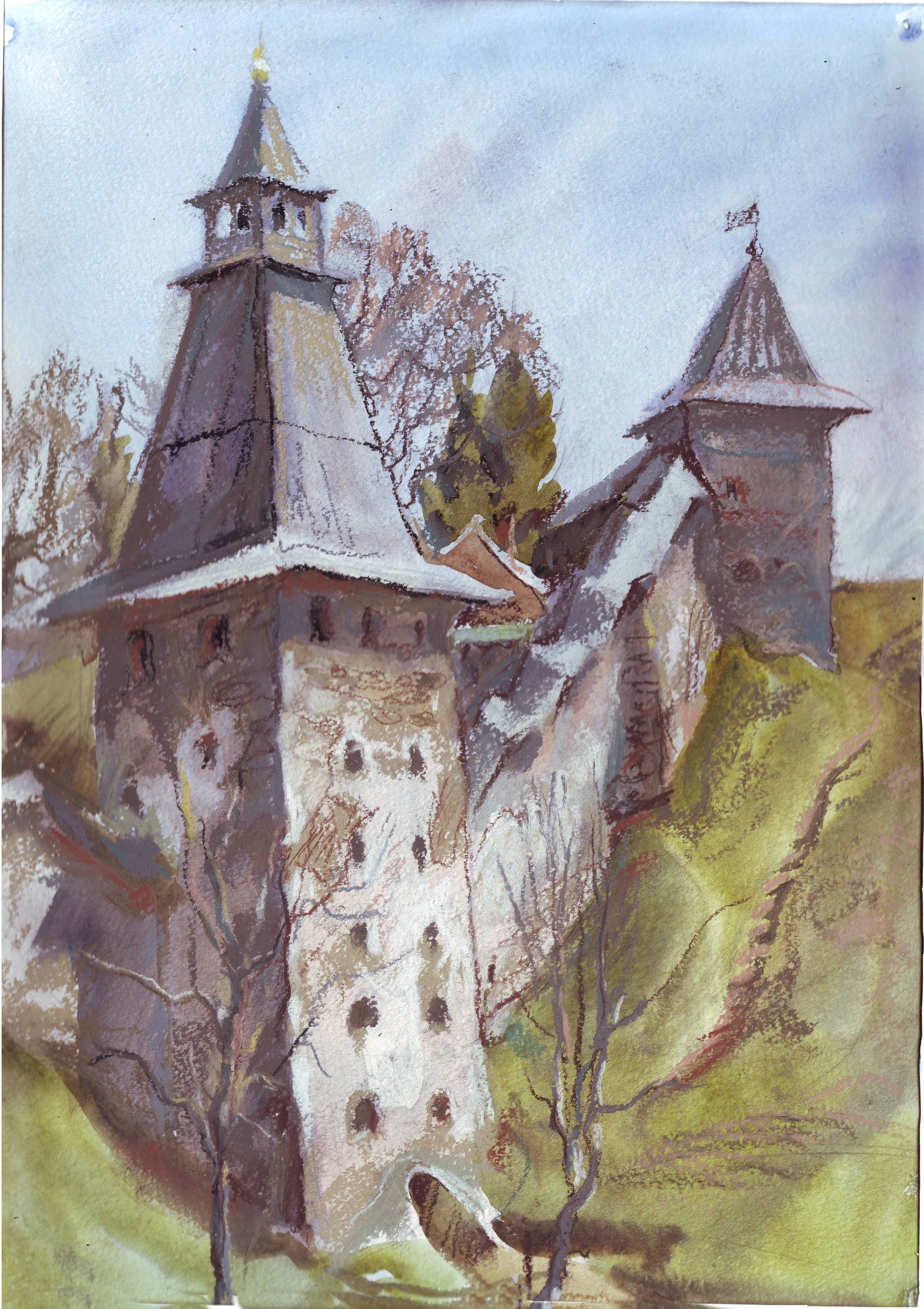 Печоры. Башни  бум/акварель,30х42