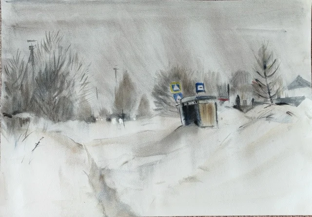 Сельская остановка. Метель в Ленинском, бум. /акварель, 40х60см, 2026