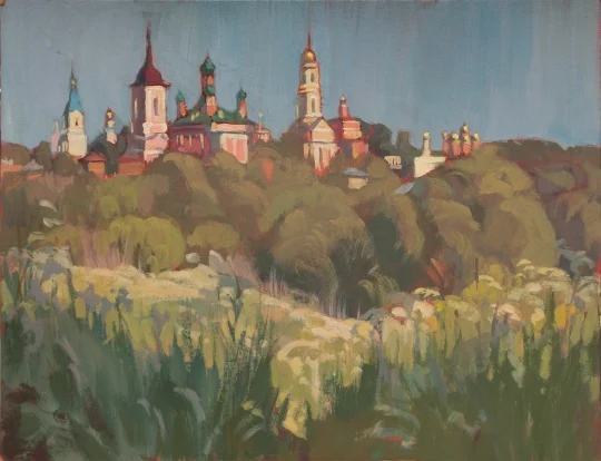 "Белев-городок. Цветущий луг", оргалит/темпера, 40х60 см, 2023