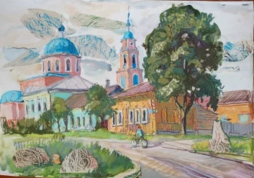 Одоевское кружево. Улица Карла Маркса, мелов. картон/аква, масл. пастель, коллаж, 35х50см