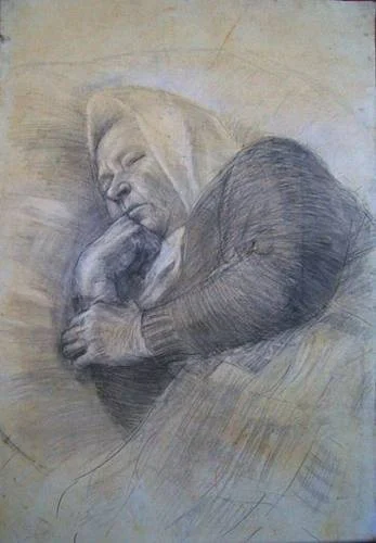 "Спящая бабушка", бумага, тонированная чаем /карандаш, мел, 70х50см, 1998 г., (работа утрачена)