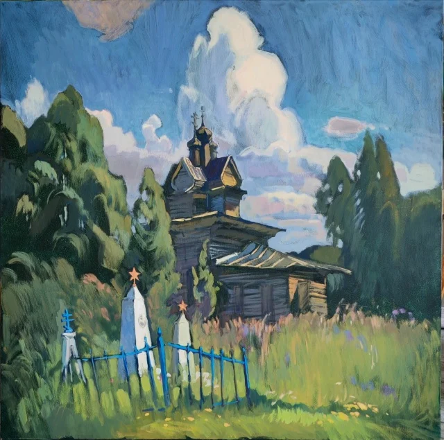 "Три брата. (Июль в Пермогорье)", холст/темпера, 100х100см, 2026 г.