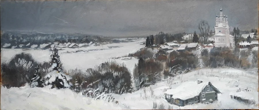 Тотьма_Сухона стала оргалит/темпера, 30х70, 2016 г.