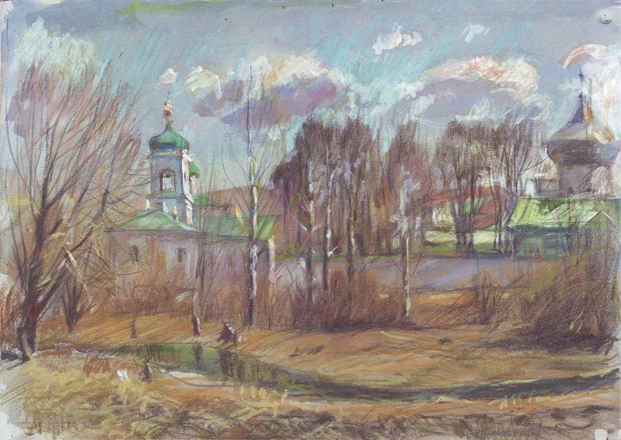 Вербы у Мирожского монастыря, картон/смеш. техн., 30х42