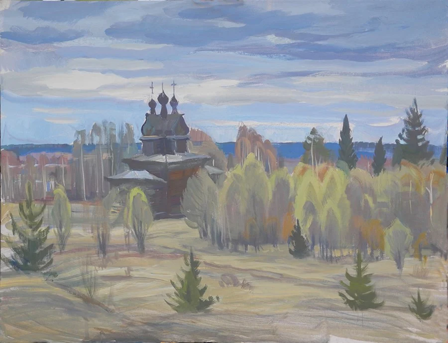 Георгиевская церковь в Пермогорье. Ивы зацвели, 46х60, 2019