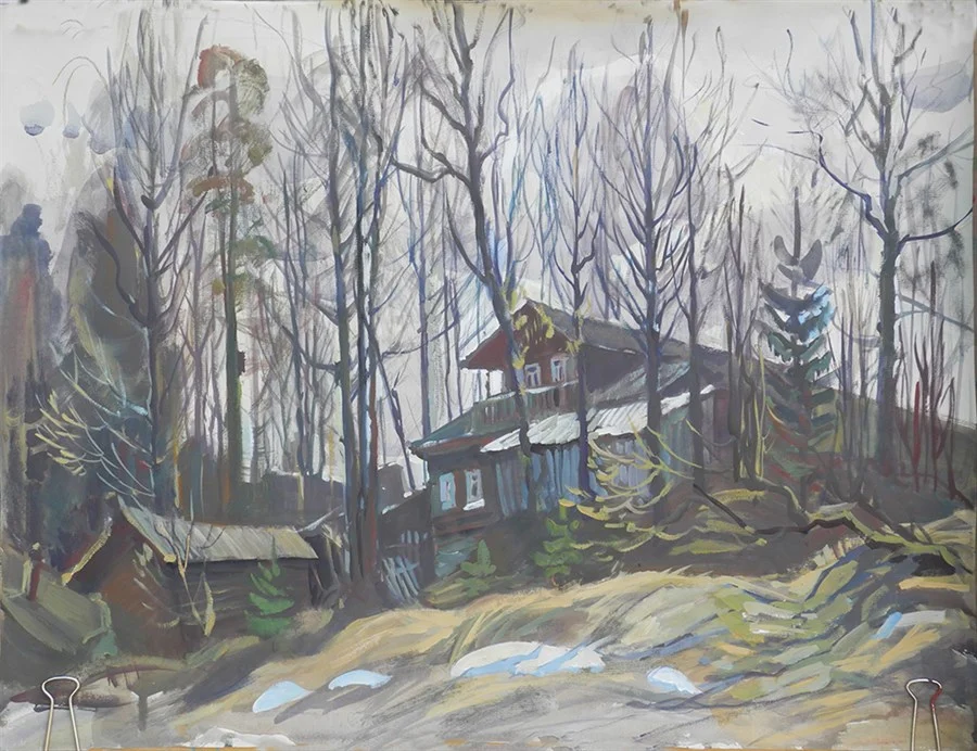 Деревня Глубокий ручей. Последний снег, бум./акв., темпера. 46х60, 2019