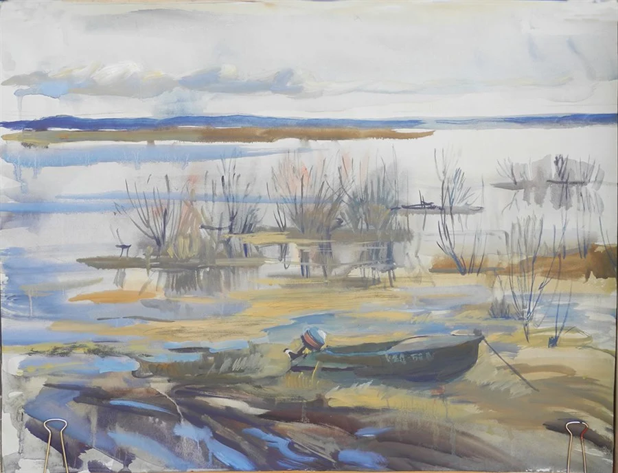 Разлив на Северной Двине, бум/ акв., темпера, 46х60, 2019