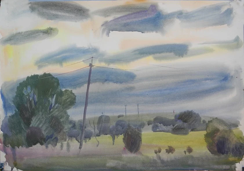 Закат в полях, бум/акварель, 40х60, 2019 г.