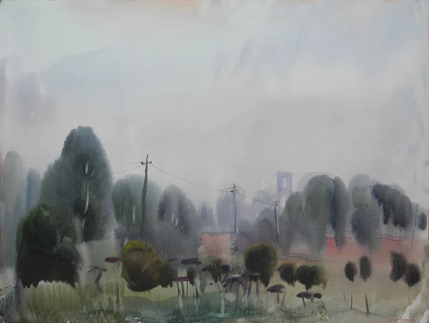 Дождь в поле. Утро,бум/акварель, 46х60, 2019 г.