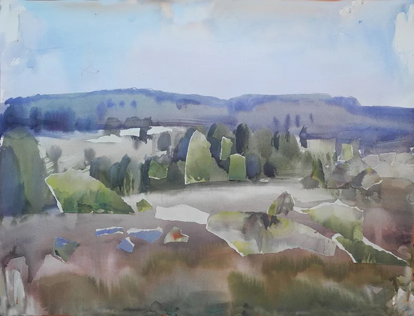 Селиваново. Поворот, бум/акварель, коллаж, 46х60, 2019 г.