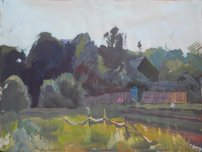 Солнце садится.  Окучивают картошку,  бум/темпера, 46х60, 2019 г.
