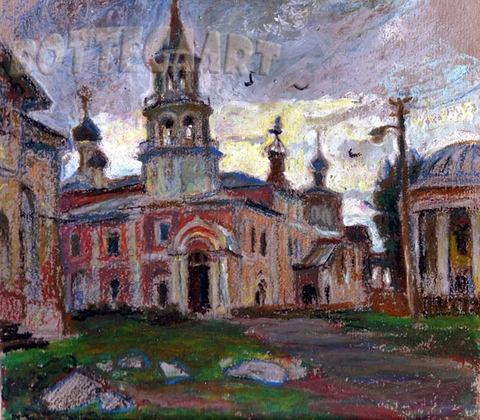Торжок. Церковь и вороны, бум/пастель, 2010 г.