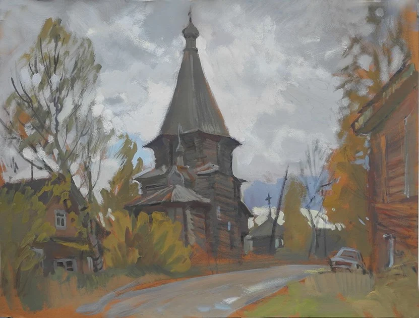 Улица в Уфтюге. Сентябрь, бум/темпера. 46х60, 2019