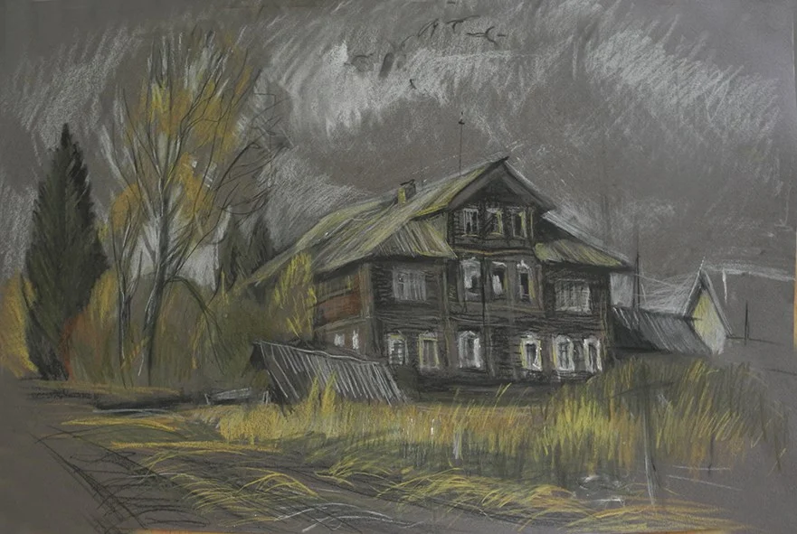 Черевково. Дом с мезонином, бум/смеш. техника, 35х60, 2019