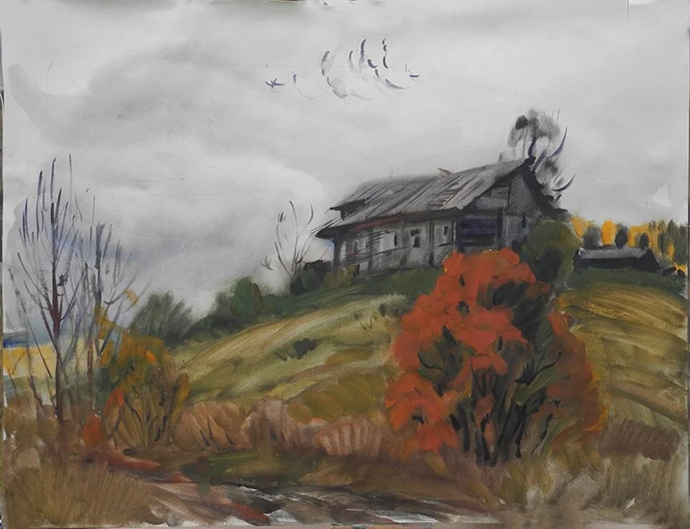 Черевково. Красный куст, бум/акварель, 46х60, 2019