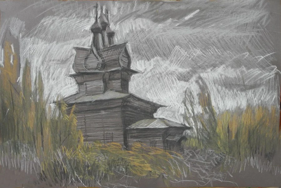 Георгиевская церковь осенью, бум/смеш. техника, 35х60, 2019