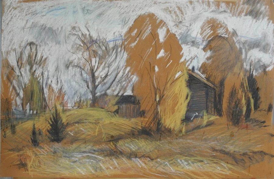 Золотая береза в Пермогорье, бум./смеш. техника, 35х60, 2019