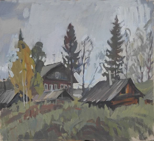 Осенние сумерки. Деревня Глубокий Ручей, к/темпера, 40х45, 2019