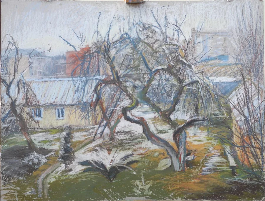 Карантинный этюд 3. Зима вернулась в Ленинский. к/масл. пастель, 46х60 см