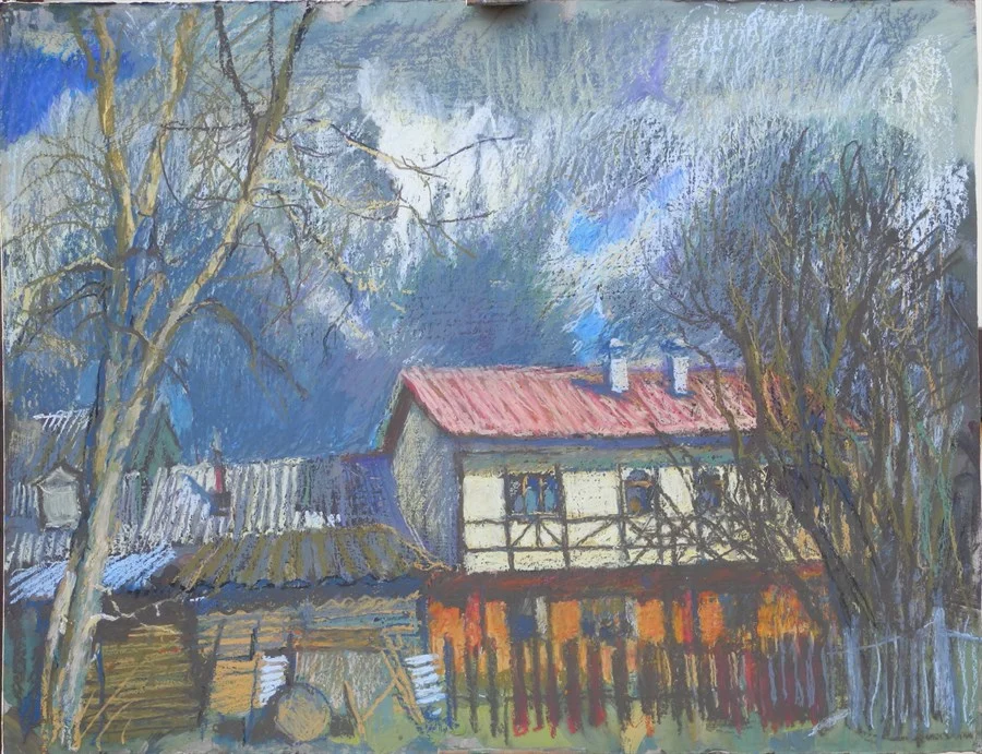 Карантинный этюд 2. Вспоминая Брейгеля. Весна в Ленинском, к/масл. пастель, 46х60 см.