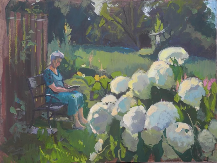 Куст гортензий и читающая женщина, оргалит/темпера, 60х80см
