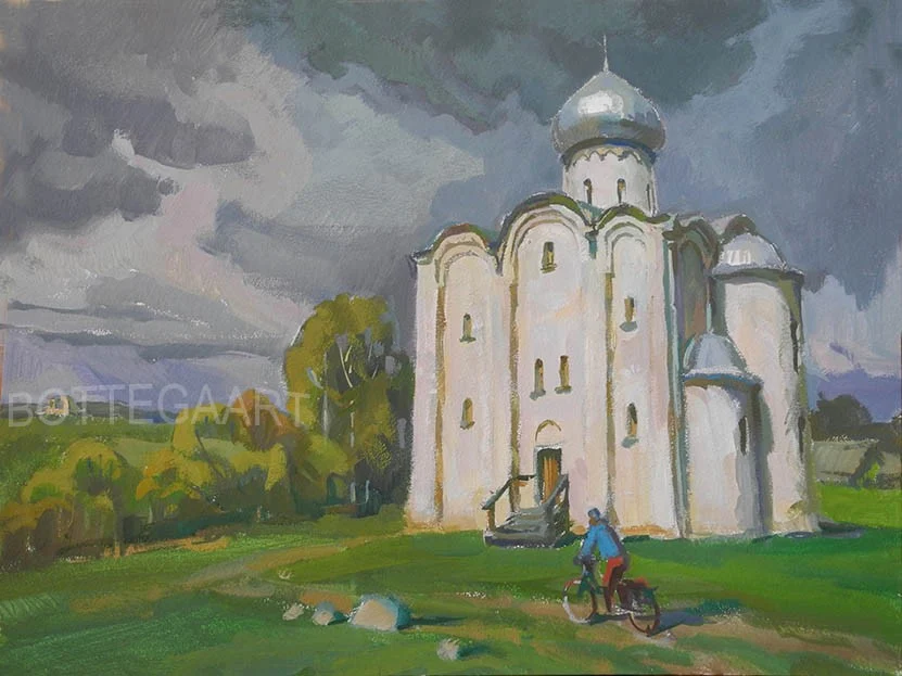 Спаса-на-Нередице. Велосипедист  кар./темпера, 35х45, 2014
