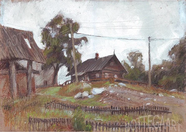 Домик на горке.  крафт-бум/белила.акв.кар.,цв.соус, 30х42,август 2015