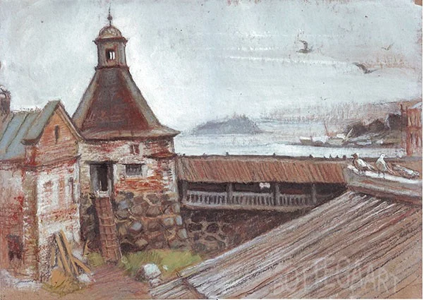Монастырские крыши и Белое море.  крафт-бум/белила.акв.кар.,цв.соус, 30х42,август 2015