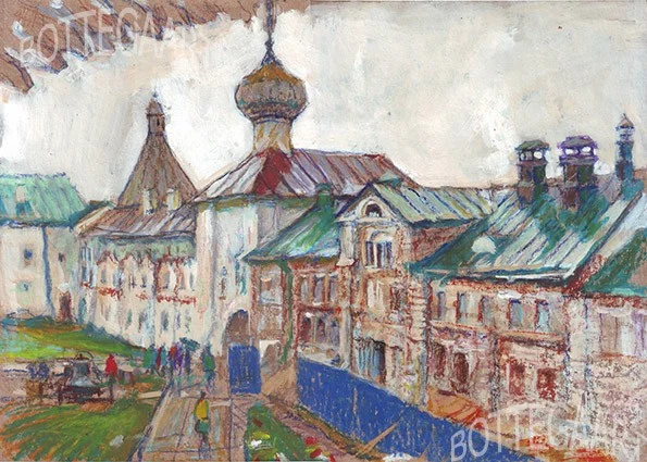Монастырь. Туристы. Дождь  крафт-бум/акв.кар.,масл.  пастель, белила, цв.соус, 30Х42,август 2015