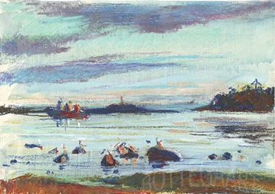 Закат на Соловках  бум/акв.кар., белила.масл.пастель,21Х30