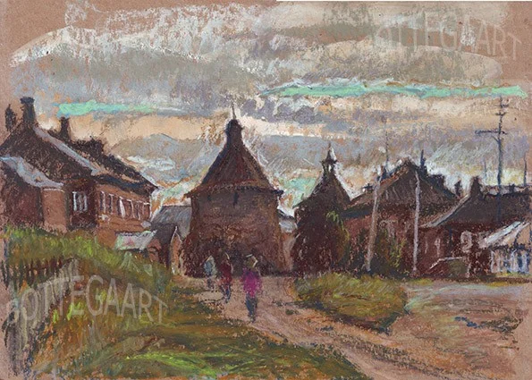 Погожий вечер на улице Сивко.  крафт-бум/масл.пастель, белила, цв.соус, 30Х42,август 2015