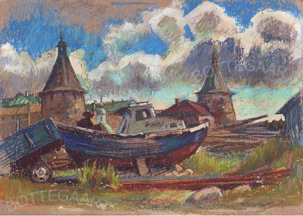 Синий катерок.  крафт-бум/масл.пастель, белила, цв.соус, 30Х42,август 2015