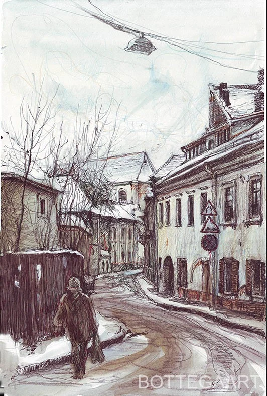 Вильнюс. Косой переулок  бум./акварель,шарик.ручка, цветн. тушь