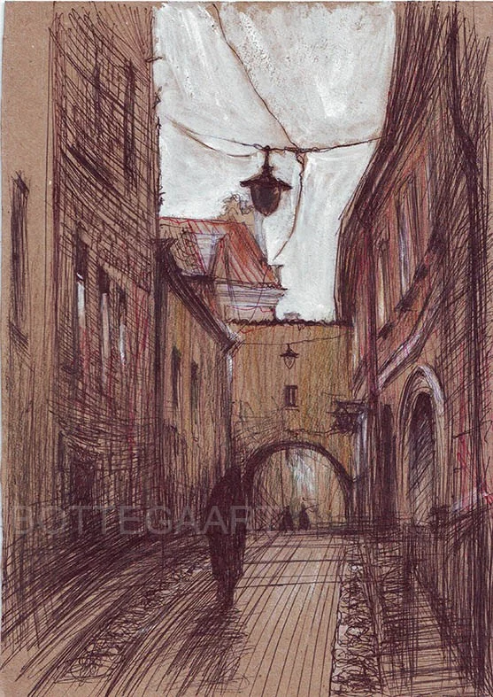 Дождь. Человек.Фонарь.  бум-крафт./шарик.ручка, белила, акв. кар., 21х30, 2014