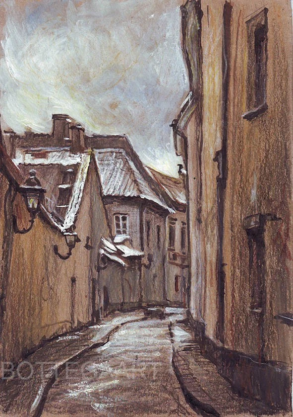 Замерзший фонарь  бум.крафт/тушь, акв.кар., белила