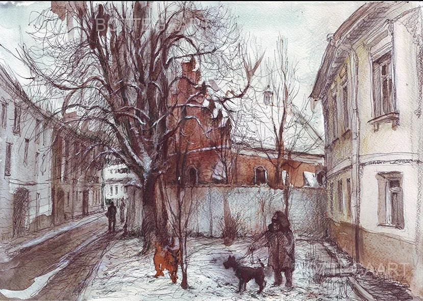 Костел св Николая. Рыжий пес  бум/акв.,шар. ручка, цветн тушь,белила, 30Х42, 2014