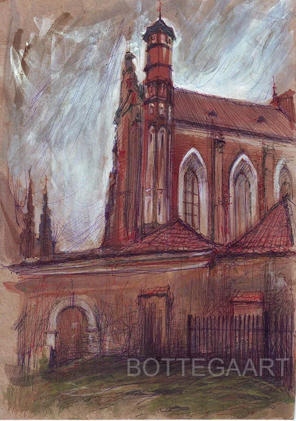 Старый Вильнюс. Пламенеющая готика  бум-крафт./шар. ручка, акварель,белила, 21Х20, 2014