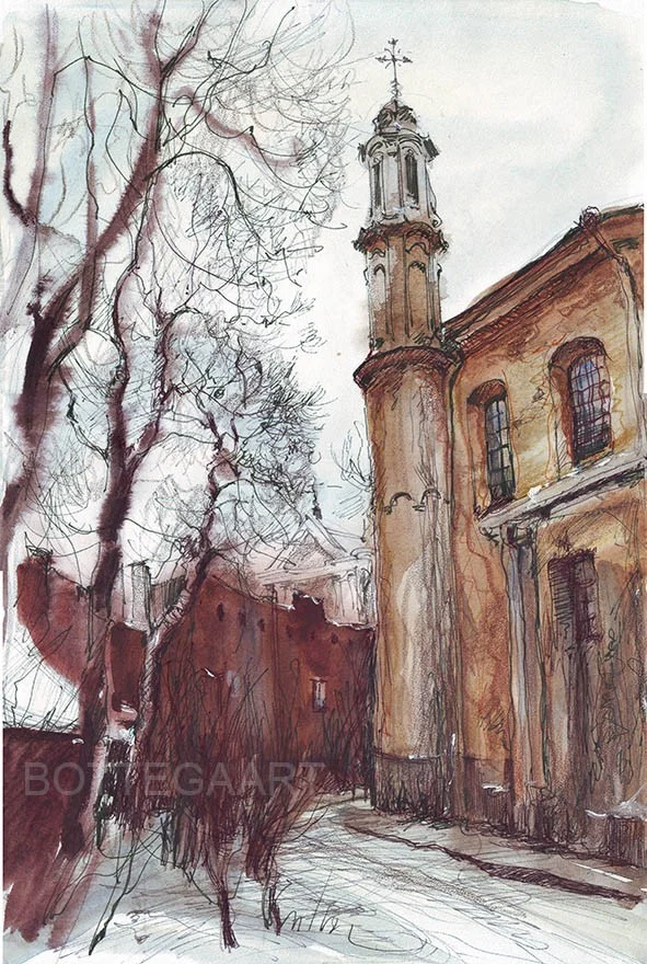 Старый Вильнюс. Церковный дворик у Ворот Зари  бум/акв., цветн. тушь, 25Х37, 2014