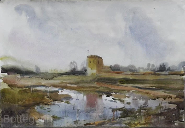 Медининкай. Болота и башня.  бум/акварель, 40х60, 2014