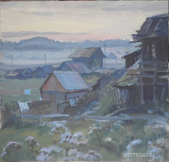 Избы. Туман поплыл  дерево/темпера, 60х62, 2015 г.